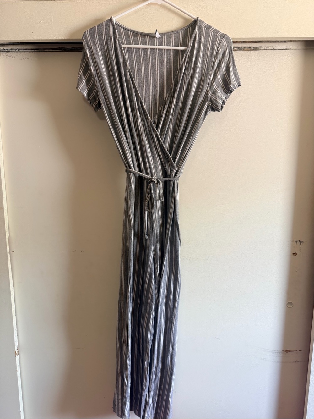 KOAJ Striped Gray Wrap Jumpsuit with Tie Waist Size S